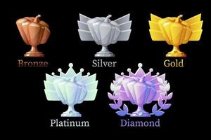 Pumpkin rewards, gold, silver, platinum, bronze, diamond for game. Vector illustration set different improvements awards for winner.