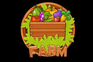 Wooden logo farm with berries and vegetables in a box for UI. Vector illustration banner with bush and round frame for the game.