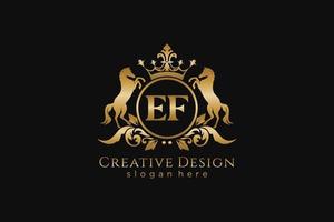 initial EF Retro golden crest with circle and two horses, badge template with scrolls and royal crown - perfect for luxurious branding projects vector