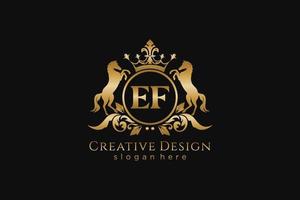 initial EF Retro golden crest with circle and two horses, badge template with scrolls and royal crown - perfect for luxurious branding projects vector