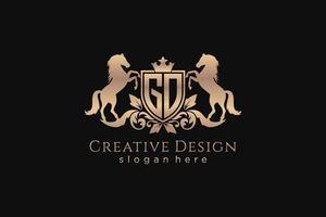 initial GO Retro golden crest with shield and two horses, badge template with scrolls and royal crown - perfect for luxurious branding projects vector