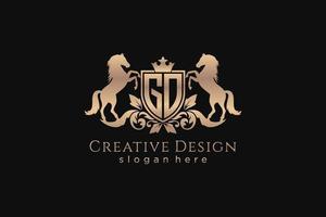 initial GO Retro golden crest with shield and two horses, badge template with scrolls and royal crown - perfect for luxurious branding projects vector