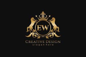 initial EW Retro golden crest with circle and two horses, badge template with scrolls and royal crown - perfect for luxurious branding projects vector