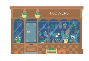 ilustración plana frontal del edificio de la tienda de flores vectorial. escaparate con plantas y flores en cubos y macetas. aislado en blanco vector