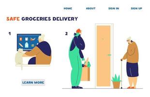 Safe delivery for elderly people in quarantine website template. Old lady orders groceries online than courier in mask and gloves brings food to door. Contactless delivery. Flat vector. vector