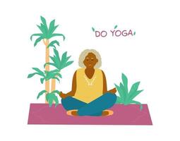 Smiling african old lady meditating on yoga mat surrounded with plants. Motivational banner for seniors. Flat vector illustration.