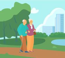 Elderly Couple Walking Arm In Arm In The Summer Park. Active Retirement. Healthy Lifestyle. Vector Illustration.