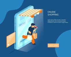 Vector isometric e-commerce banner. Online shopping concept. Man with purchases walks out from smartphone. Online payment.