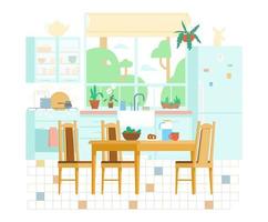 acogedora cocina interior ilustración vectorial plana. muebles de madera, mesa con sillas, ventana, plantas, cocina, utensilios, nevera, estanterías, fregadero, escurreplatos. vector
