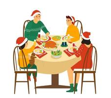 cena familiar de navidad en casa. familia con sombreros de santa sentados alrededor de la mesa con comida navideña. ilustración vectorial aislado en blanco vector