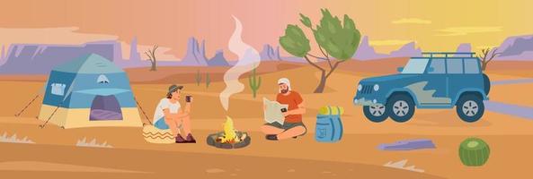 Desert camp with tourists near campfire flat vector panorama landscape. Couple man and woman travelling in desert by off road car.