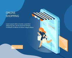 Vector isometric e-commerce banner. Online shopping concept. Woman with purchases walks out from smartphone. Phone like a shop. Online payment.