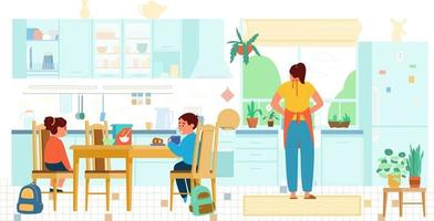 ilustración vectorial plana de niños desayunando antes de la escuela madre lavando platos en la cocina. interior de cocina con muebles de madera, ventana, nevera, plantas, mesa con sillas. vector