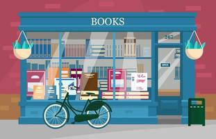 Vector illustration of european book shop showcase with lots of books with bicycle outside. Book shop exterior in flat style.