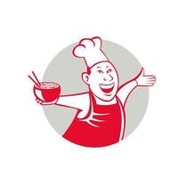 Asian Chef Serving Noodle Bowl Dancing Circle Cartoon vector