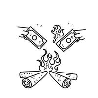 hand drawn doodle burning money concept illustration vector