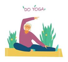 Smiling old lady stretching on yoga mat surrounded with plants. Motivational banner for seniors. Flat vector illustration.
