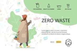 Zero waste internet shop concept. Background with durable and reusable items. Landing page template. Web banner.  Girl with string bag with vegetables. Eco life. Flat cartoon. vector