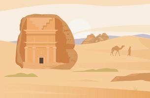 Saudi Arabia Desert Landscape With Ancient Tombs Of Al Ula. Hegra Ancient Village. Sand Rocks. Flat Vector Illustration.