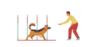 Man training his Shepherd Dog on agility field flat vector illustration. Dog runs slalom, owner gives him reward. Isolated.