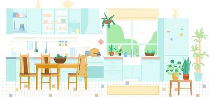Ilustración de vector plano de fondo interior de cocina. muebles de madera, mesa con sillas, ventana, plantas, cocina, utensilios, nevera, estanterías, fregadero, escurreplatos.