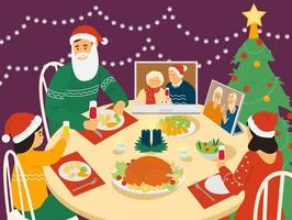 cena familiar de navidad. padres e hijos sentados en la mesa con comida navideña celebrando con los abuelos usando una videoconferencia en una computadora portátil y una tableta. ilustración vectorial. vector