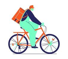 Safe food delivery by bicycle during coronavirus epidemic. Delivery boy in protective mask and gloves on bike with food bag on his back. Trendy flat vector illustration.