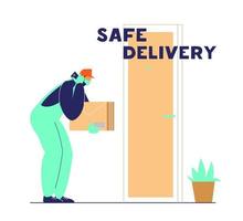 Courier puts parcel near door and calls to client. Safe delivery during coronavirus quarantine concept. Flat vector illustration.