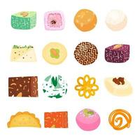 Big vector set of Asian sweets. Indian traditional sweets.  Laddu, gujiya, sandesh, gulab jamun, jalebi, rasgulla and others.