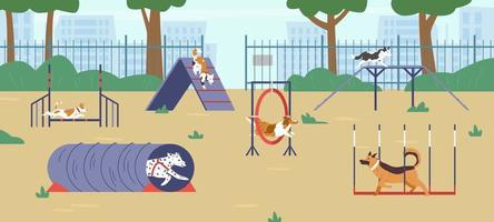 Different dogs on agility field flat vector illustration. Dogs passing different training obstacles.
