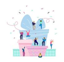 Tiny Happy People Different Age And Ethnicity Dancing On Big Present Boxes. Anniversary Party Concept. Flat Vector Illustration.