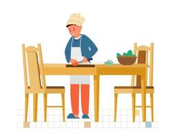 niño con sombrero de chef y delantal haciendo ensalada en la ilustración de vector plano de cocina.