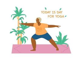 Smiling african american old lady practicing yoga on yoga mat surrounded with plants. Ederly woman in warrior pose. Motivational banner for seniors. Flat vector illustration.