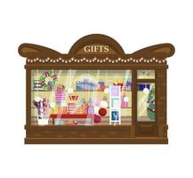 Vector gift shop filled with present boxes, wrapping paper rolls, Christmas presents, bags, tree, wreath, garlands, lights, balloons. Shop exterior. Flat.