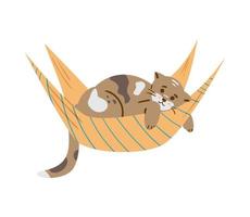 Cute spotted cat laying in hammock flat vector illustration. Isolated on white.