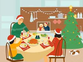 Christmas Family Dinner At Home. Parents And Child Sitting At Table With Christmas Food Celebrating With Grandparents Using Videoconference Call In Laptop In The Kitchen. Vector Illusration.