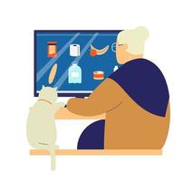 anciana con gato pidiendo comestibles en línea. compras en línea para personas mayores durante el concepto de cuarentena de coronavirus. ilustración vectorial plana. vector