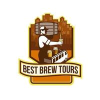 Bartender Pouring Beer Keg Cityscape Crest Retro vector