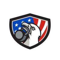 Bald Eagle Lifting Kettleball USA Flag Shield Retro vector