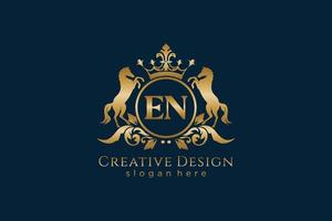 initial EN Retro golden crest with circle and two horses, badge template with scrolls and royal crown - perfect for luxurious branding projects vector