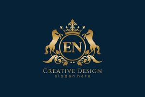 initial EN Retro golden crest with circle and two horses, badge template with scrolls and royal crown - perfect for luxurious branding projects vector