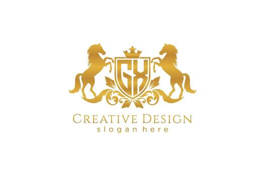 initial GX Retro golden crest with shield and two horses, badge template with scrolls and royal crown - perfect for luxurious branding projects vector