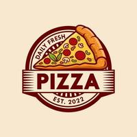 Pizzeria Vector Emblem on blackboard. Pizza logo template. Vector emblem for cafe, restaurant or food delivery service.