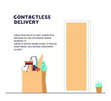 Contactless delivery during coronavirus concept. Safe food delivery. Paper bag with grocerie order near flat door. Flat vector illustration.