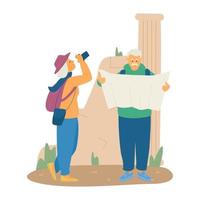 Elderly Couple Travelling Flat Vector Illustration. Old Lady In Hat Taking Photo Of Ancient Ruins, Senior Man Looking At The Map. Active Retirement.