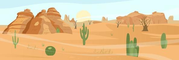 Desert landscape with cactus and sand rocks. Flat vector illustration.