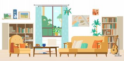 acogedora sala de estar interior ilustración vectorial plana. sofá, estanterías, sillón, ventana, guitarra en un soporte, mesa baja, pinturas abstractas, elementos decorativos. vector