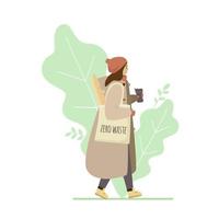 chica cero desperdicio con bolso con baguette, sosteniendo una taza termo con fondo floral. estilo de vida ecológico. ilustración vectorial plana. vector