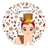 Cute baby boy crawling in fall bullet. Baby shower concept in Autumn season vector