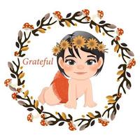 linda niña arrastrándose en un colorido estilo plano con champiñones en ramas secas de otoño. concepto de baby shower en vector de temporada de otoño